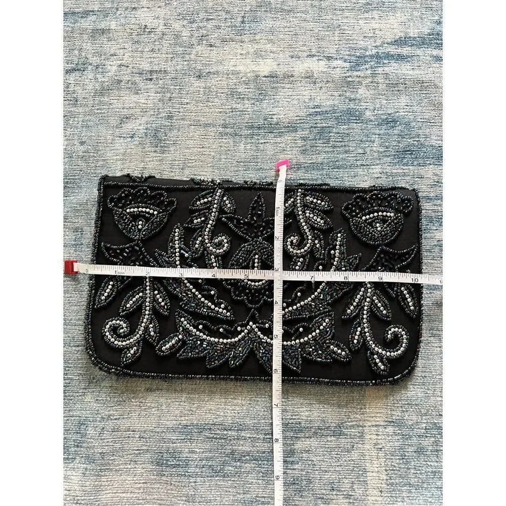 Black Silver Iridescent Floral Beaded Fold Over Magnetic Closure Clutch Bag